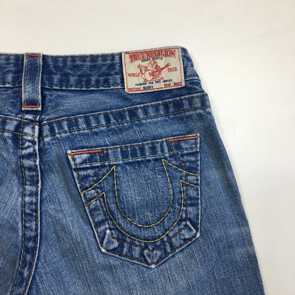 TRUE RELIGION Medium/Light Wash BOBBY 5 Pocket Logo Hardware Jeans - Picture 8 of 14